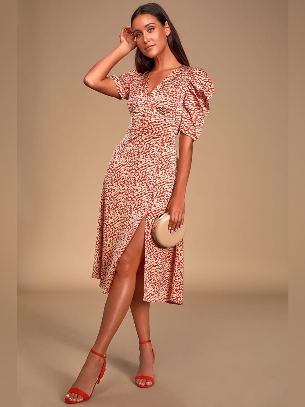 Lulu’s Simply Love Beige and Red Leopard Print Satin Midi Dress Lulus Small
